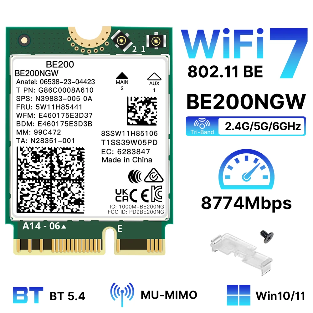 

New WiFi 7 BE200 Wireless Wifi Card Bluetooth 5.4 Tri Band 2.4G/5G/6GHz 5.8 Gbps M.2 NGFF Network Adapter for Win10/11