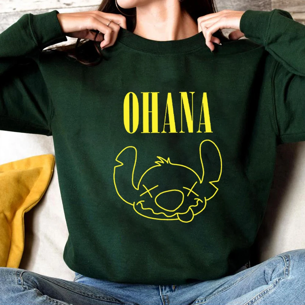 2025 Ohana moletom inspirado no filme Lilo moletom com capuz engraçado desenho animado camisa gráfica na moda Ohana significa família moletom com gola redonda