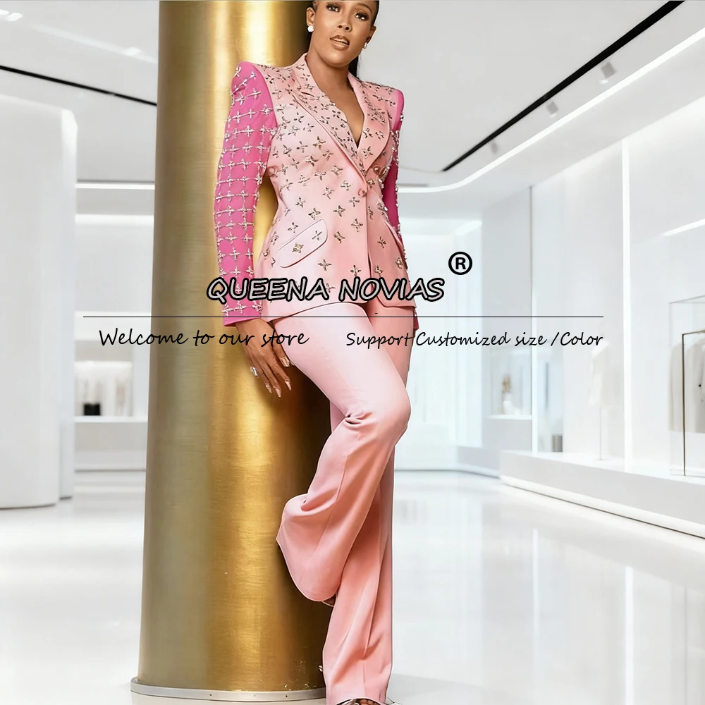 

Luxury Beads Stones Mother Of The Bride Dresses Customized 2 Pieces Sets Single Breasted Jacket Pants Women Suits For Wedding