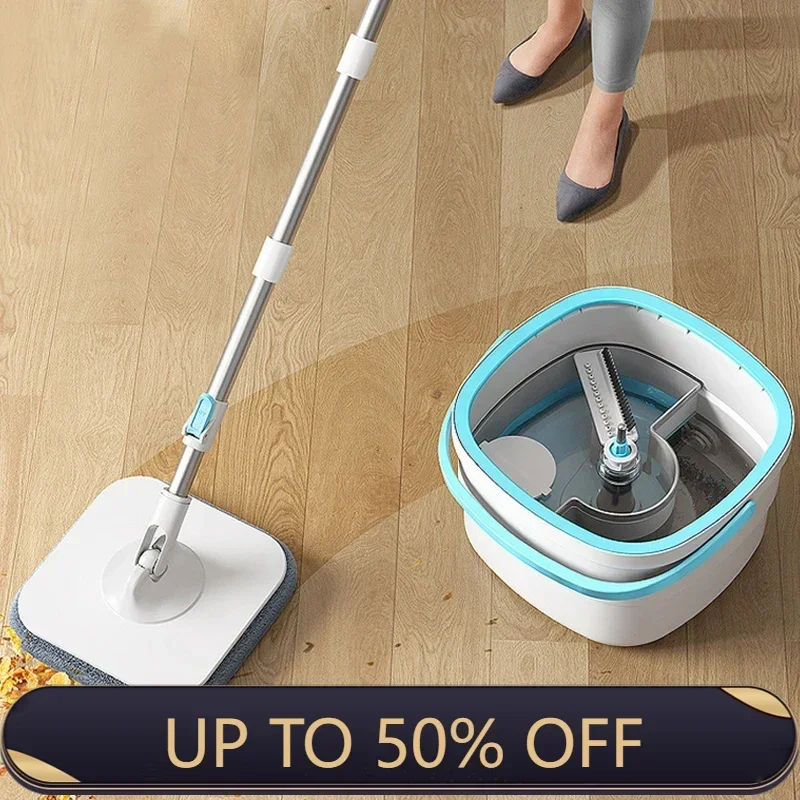 Mops with Bucket 360 Spin Clear Water Separation Floor Cleaning Mop Set Lazy No Hand-Washing Squeeze Automatic Dewatering Broom