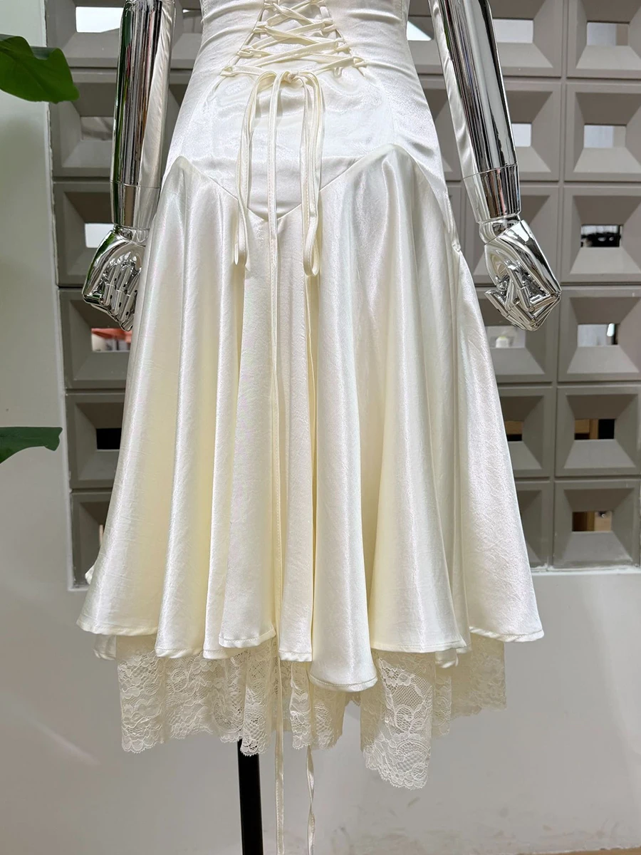 TWOTWINSTYLE Solid Spliced Lace Slimming Slip Dress for Women Square Neck Sleeveless Patchwork Folds Dresses Female Fashion New