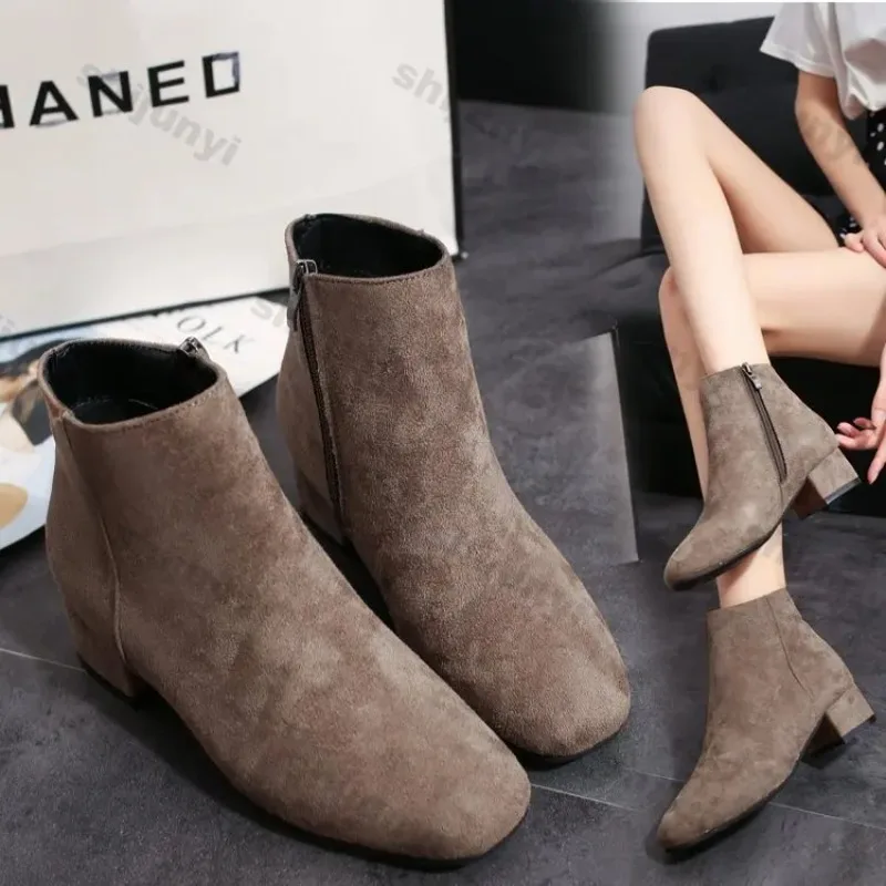 Women Suede Ankle Boots Chunky Heels Autumn New Fashion Mid-heel Shoes Women Trend Snow Boots Elegant Walking Goth Botas Mujer