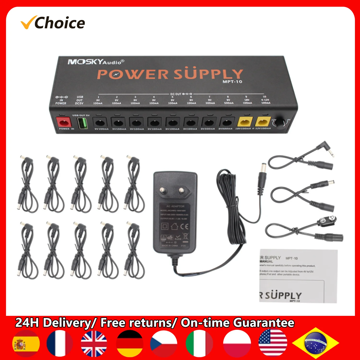 11-Channel Guitar Pedal Power Supply Independent Short Circuit Protection Pedal Board Power Supply for 9V/12V/18V Effect Pedal