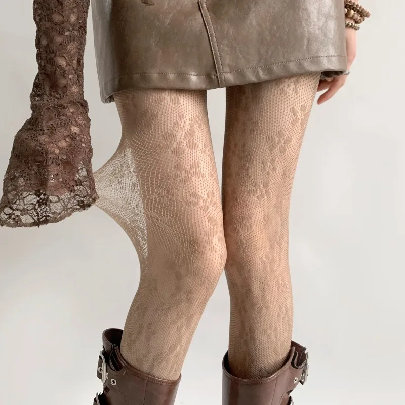 Nowe brązowe rajstopy kabaretki z kwiatowym wzorem, seksowne damskie rajstopy z siateczki w kolorze kawy, ażurowe rajstopy Y2k Lolita, nylonowe transparentne pończochy z koronką.