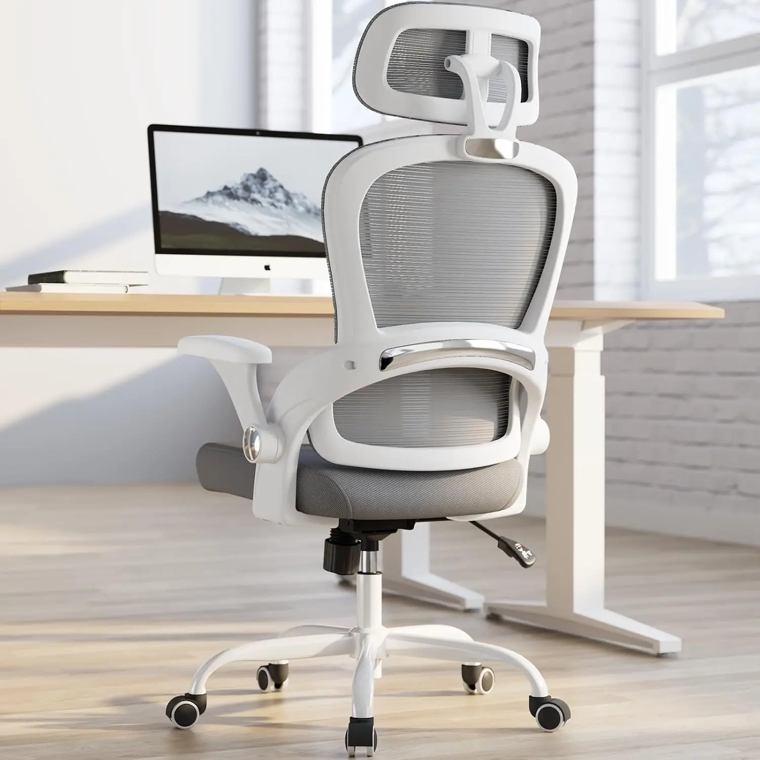 Ergonomic Office Chair with Back Support, Wide Seat Big & Tall Computer Chair, Headrest, Comfy Desk Chair (Grey)