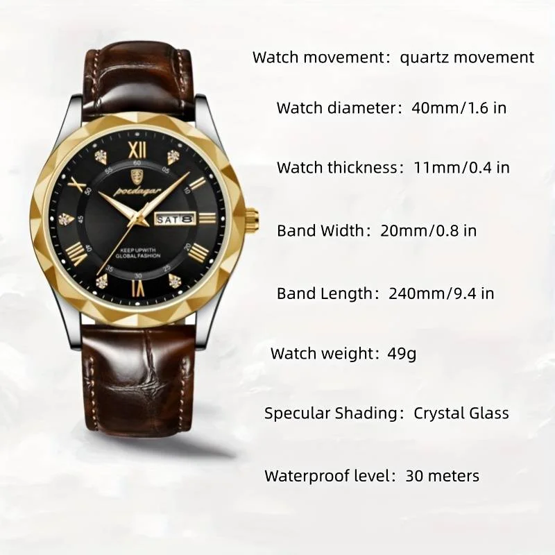 POEDAGAR New Men Watch Fashion High Quality Leather Watches Waterproof Luminous Week Date Top Brand Luxury Quartz Man Wristwatch