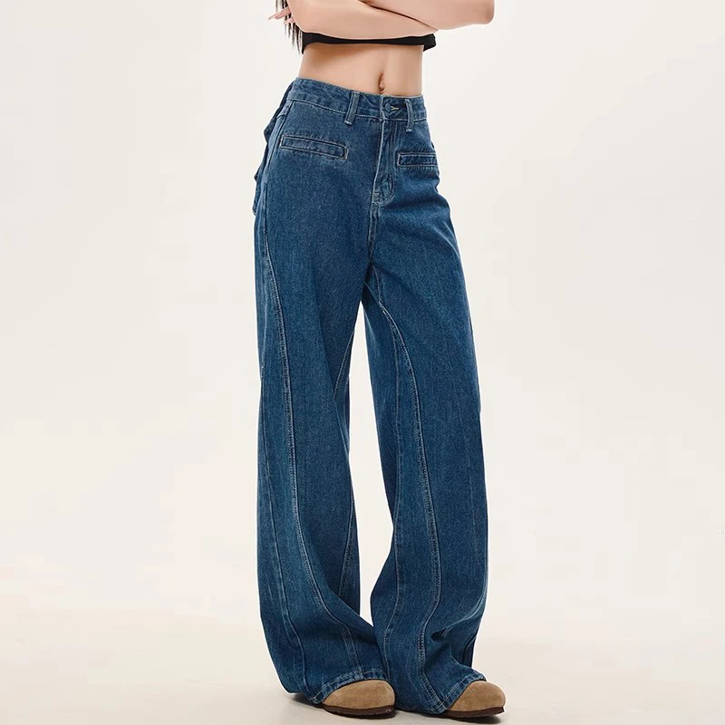 الحلو نمط الشارع الأزرق الأمريكية الرجعية عودة القوس عالية الخصر الجينز للنساء ربيع جديد المتخصصة واسعة الساق مستقيم الساق Y2k السراويل