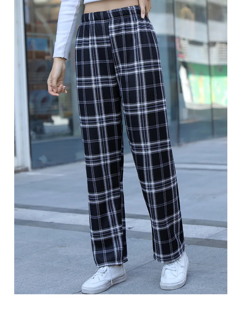 New Vintage Plaid Women Pants High Waist Wide Leg Straight Pant Loose Casual Female Trousers Wide Leg Pant Fashion Streetwear