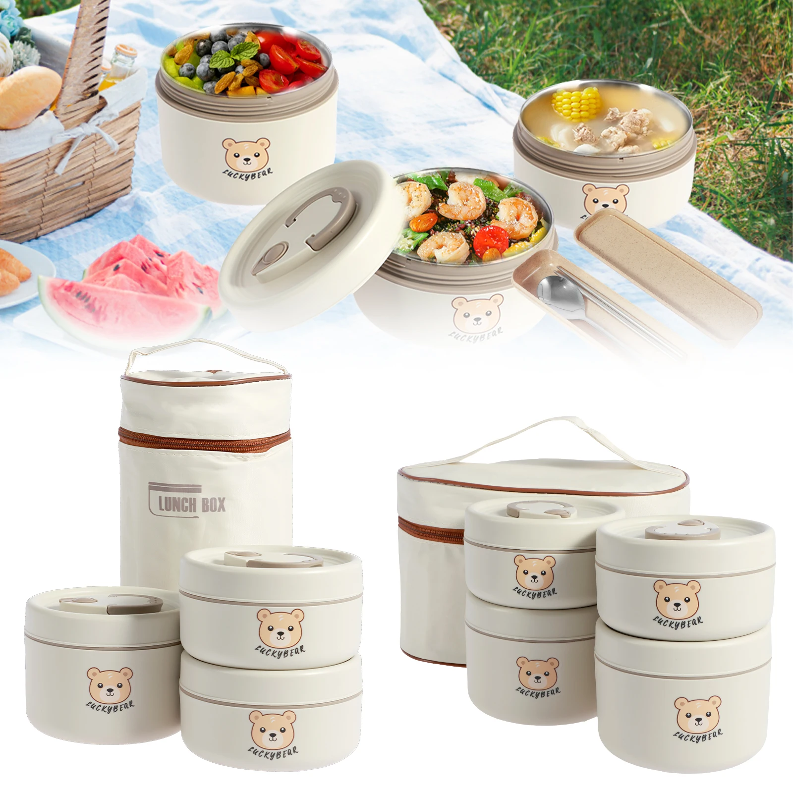 

3/4 piece food insulated lunch box portable stackable insulated box chopstick spoon insulated leak proof food box