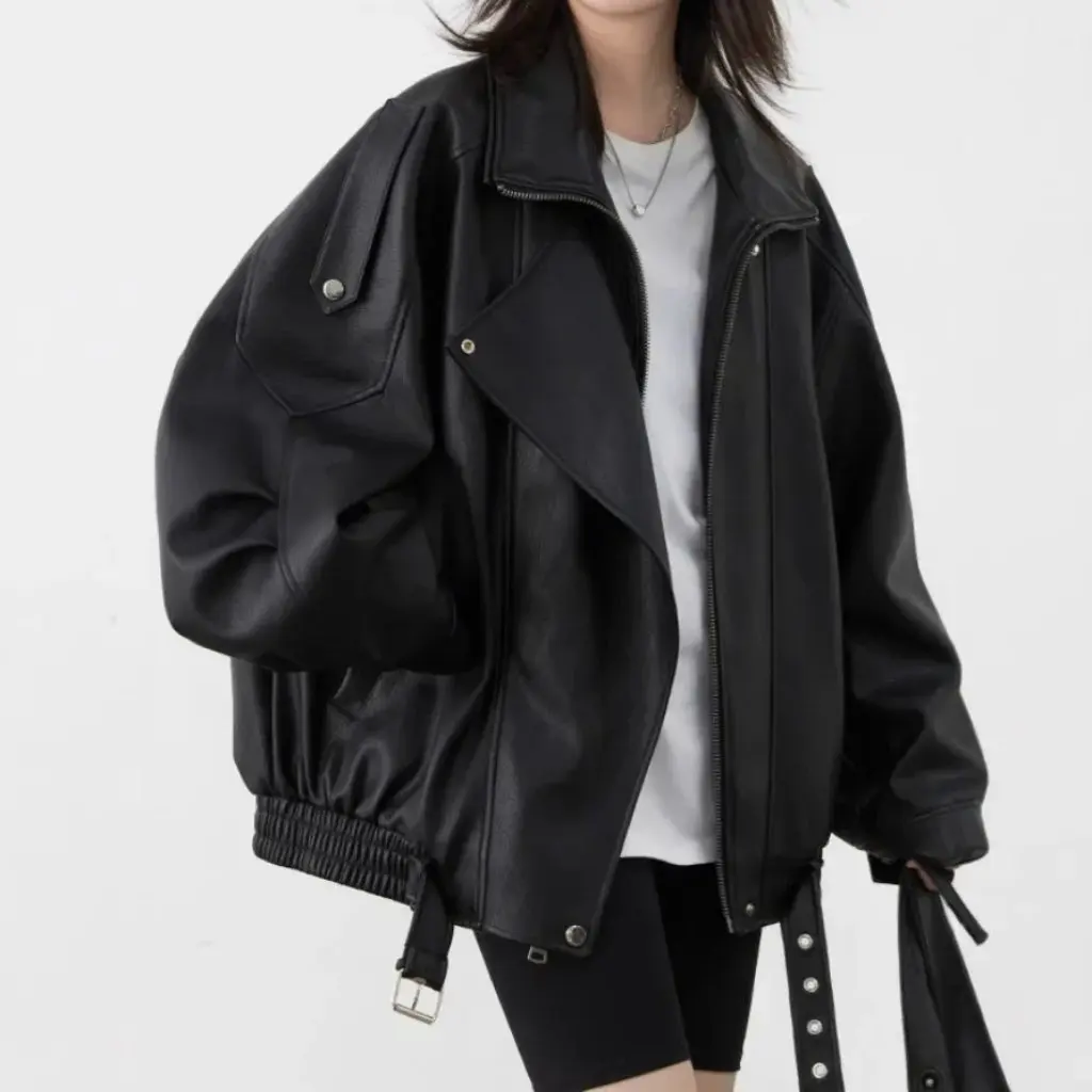 Roaming-Chaqueta de cuero de motocicleta con cuello Vertical Retro para mujer, Top de PU de industria pesada para otoño, nuevo nicho