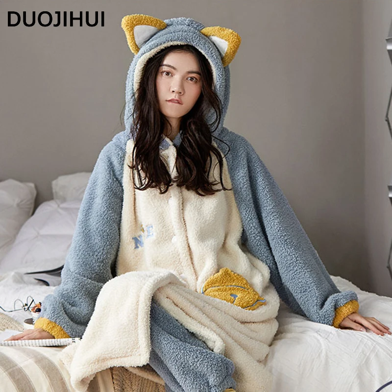 DUOJIHUI Cute Hooded Chicly Pocket Fashion Robes for Women New Classic Two Piece Simple Pant Winter Thick Warm Soft Female Robes