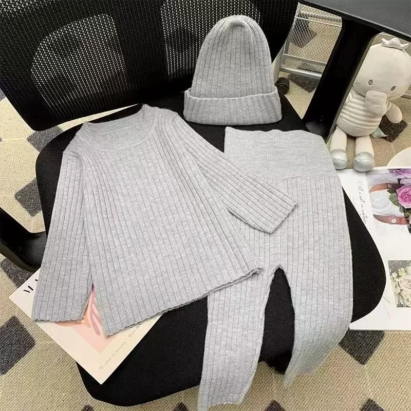 Children Sets Girls Clothing 2025 New Spring and Autumn Causal Solid Fashion O-neck Knitwear Versatile Long Sleeve and Pants