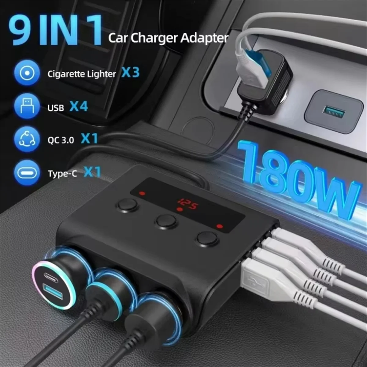 NEW!! 180W Car Cigarette Lighter Multi Triple Splitter with Switch Digital Voltage Display 4 USB Ports Type C Charger Adapter