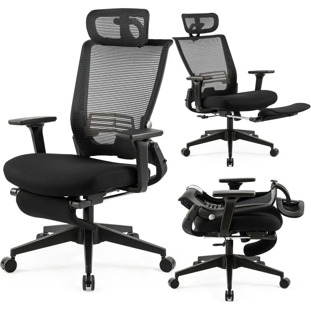 Ergonomic Office Chair with Footrest, Adjustable Lumbar Support, and Armrests for Home Office, Black