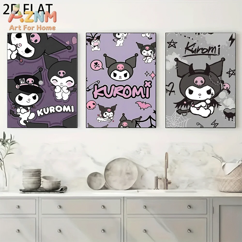AZNM Sanrio Kuromi Canvas Wall Art Unframed Cute Cartoon Dark Gothic Graffiti Style Character Print Painting Girls Bedroom Home
