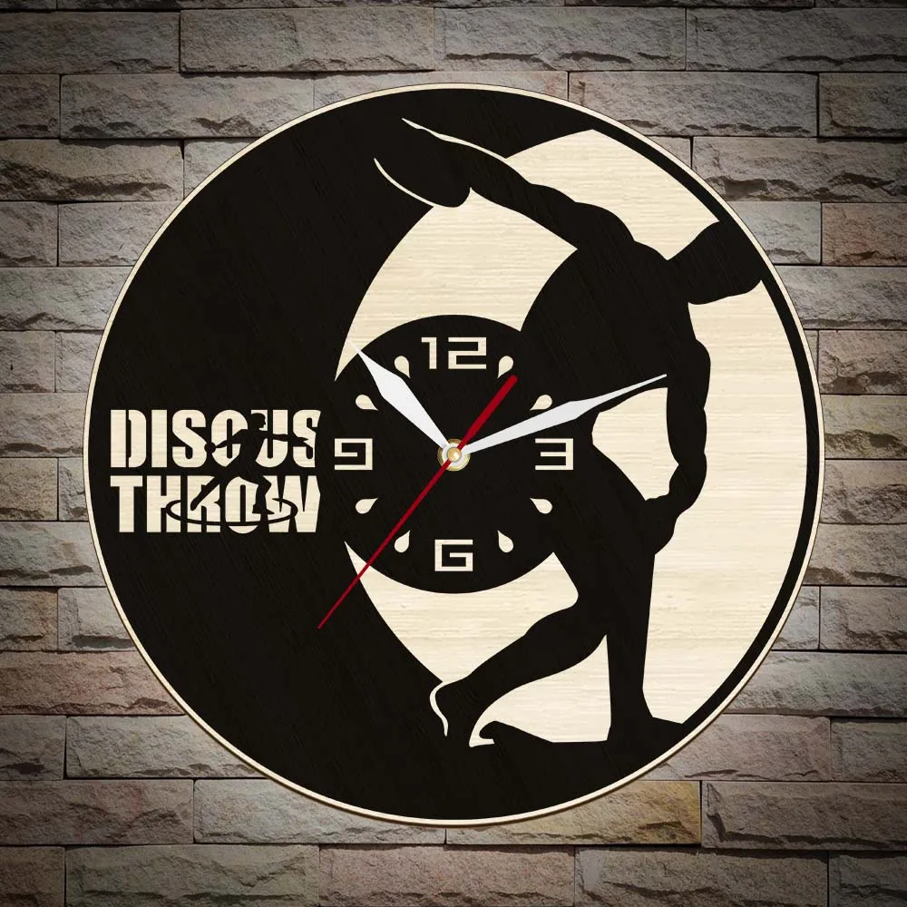 ديسكوس رمي الخشب المنحوت ساعة حائط ملعب ديكور لغرفة الرياضة التدريب ممارسة Slient ساعة حائط Discobolus هدية