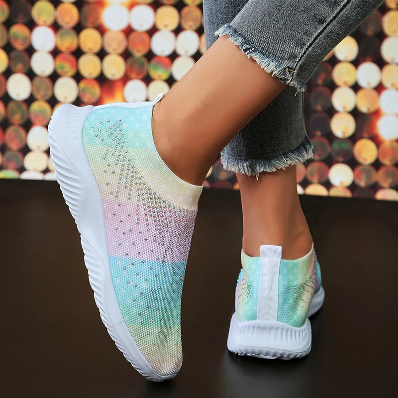 Mix Color Knitting Crystal Sneakers for Women Casual Slip On Mesh Walking Shoes Woman Soft Sole Rhinestone Dance Sock Sneakers