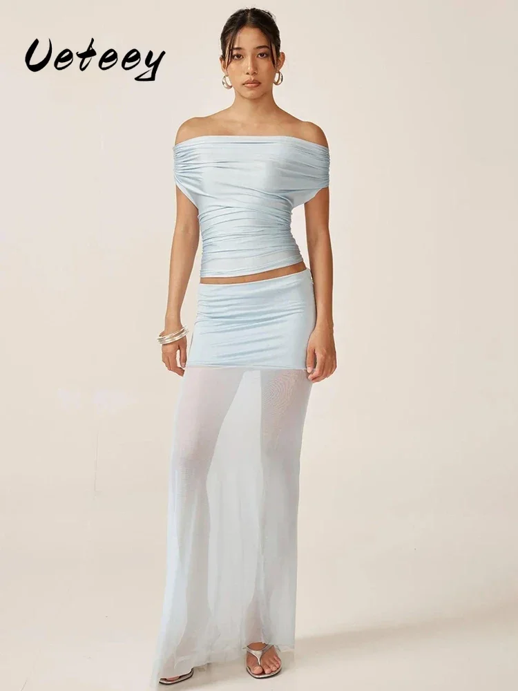 

Ueteey Elegant Sexy Dress Set Women Off-shoulder Backless Crop Tops and Maxi Skirt Female See Through Club Beach 2 Piece Set