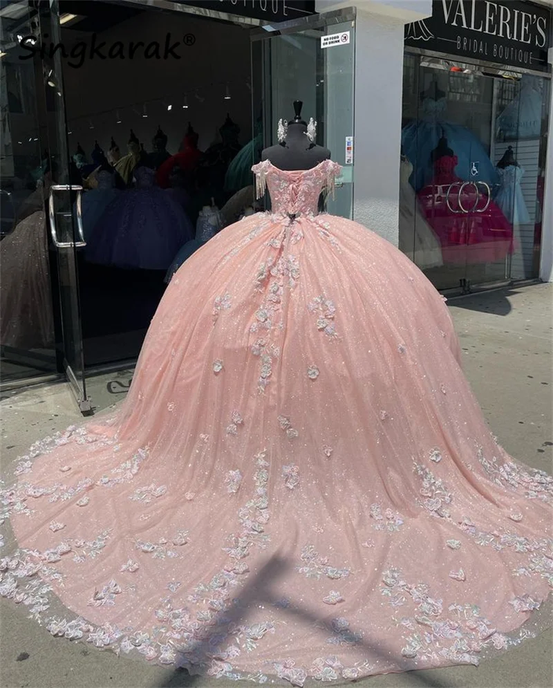 Sparkly Princess Pink Quinceanera Dress Ball Gown Sweet 16 Dress Beads Sequins Appliques Tassels Birthday 15th Gown Customized