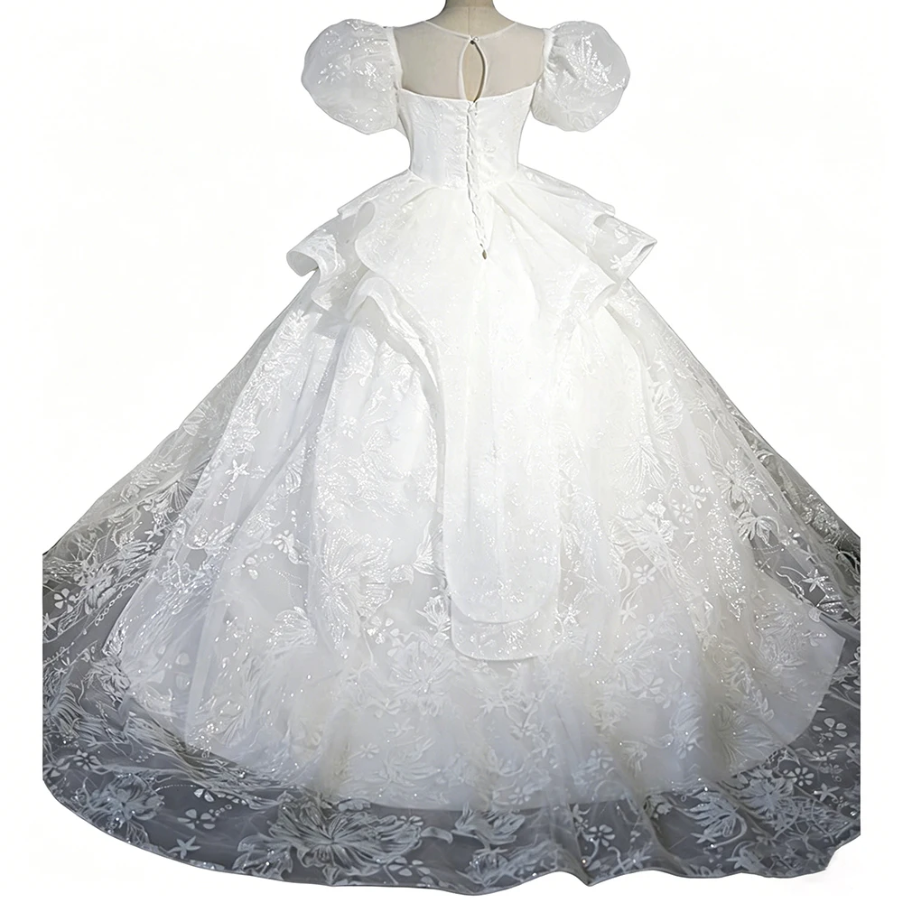 Luxury White Puff Short Sleeve Pageant And Weeding Bridesmaid Floor Length Dress For Girls Princess Evening Party Dresses Kids