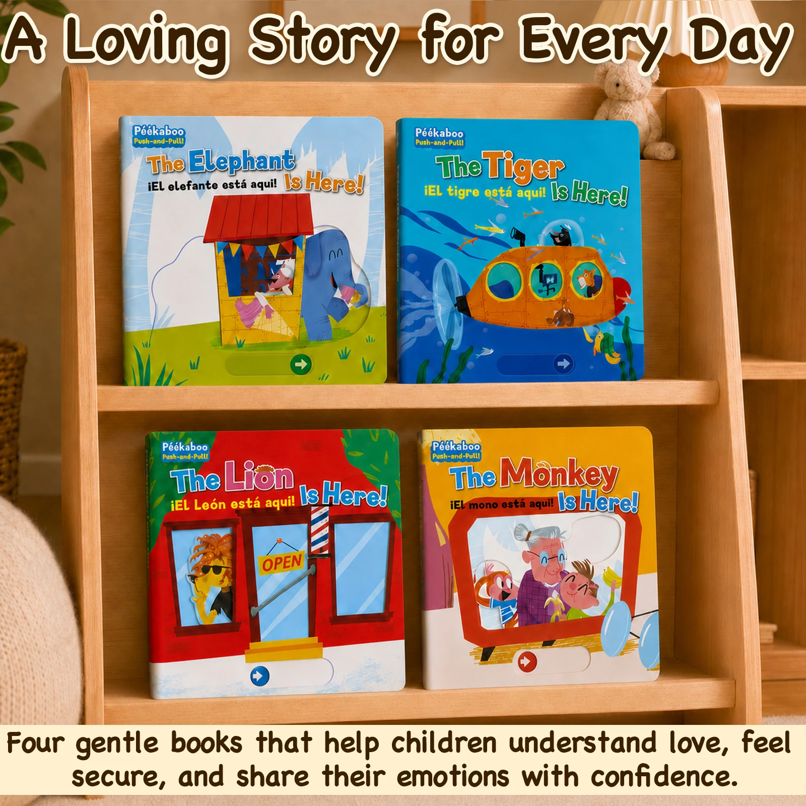Children's pop-up activity book, featuring 4 themes with elephants, tigers, lions, and monkeys, an early learning interactive