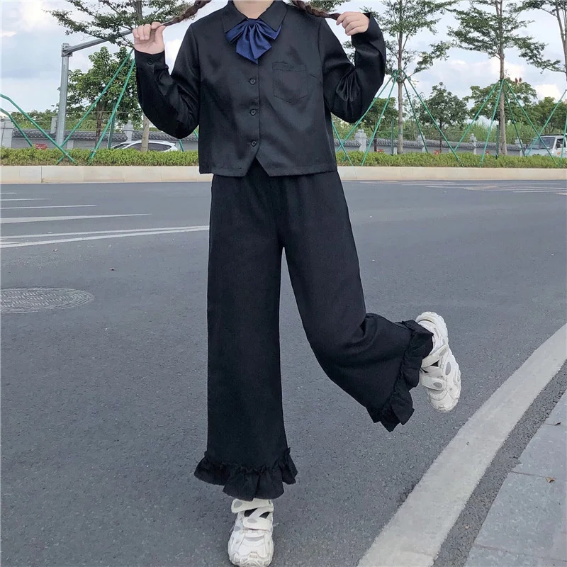 Japanese Kawaii Soft Girl Women Pants Sweet Ruffled Basis Wild High Waist Loose Trousers Elastic Waist Casual Solid Student Pant