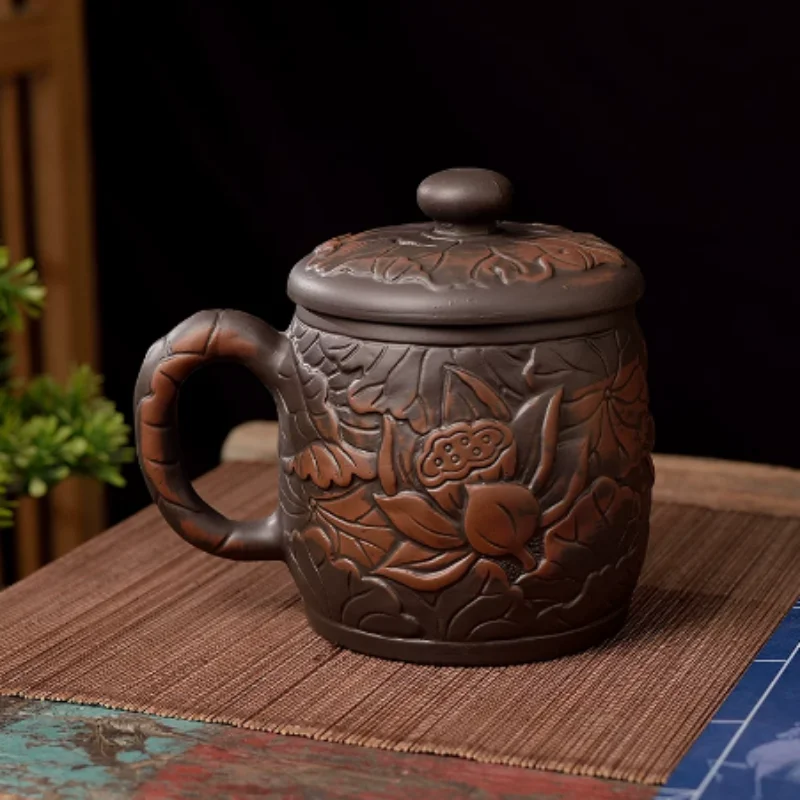 Chinese Yixing Zisha Tea Cup with Lid - Lotus Pattern Purple Clay Mug, Vintage Tea Set Accessory