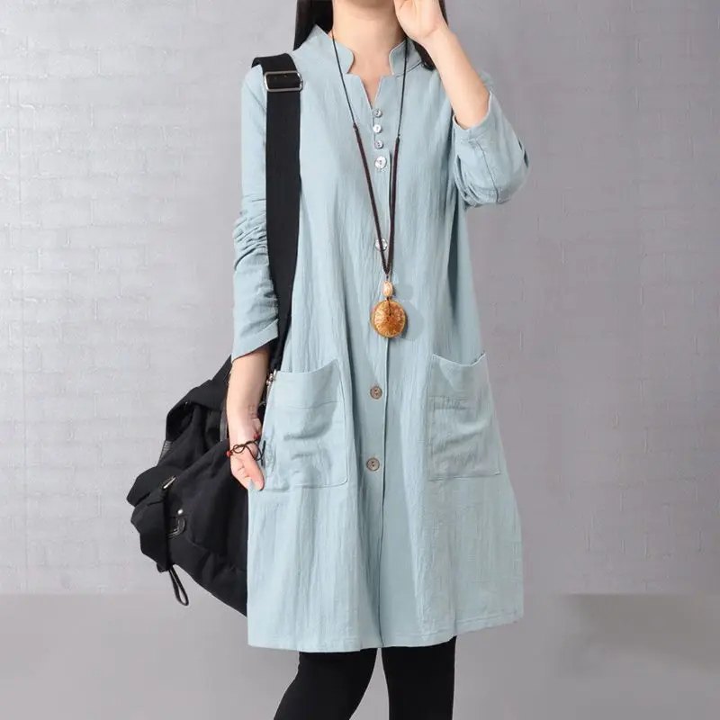 2023 New Spring and Autumn Art Retro Loose and Casual Fashion V-neck Pocket Solid Color Long Sleeved Oversize Women\'s Dress