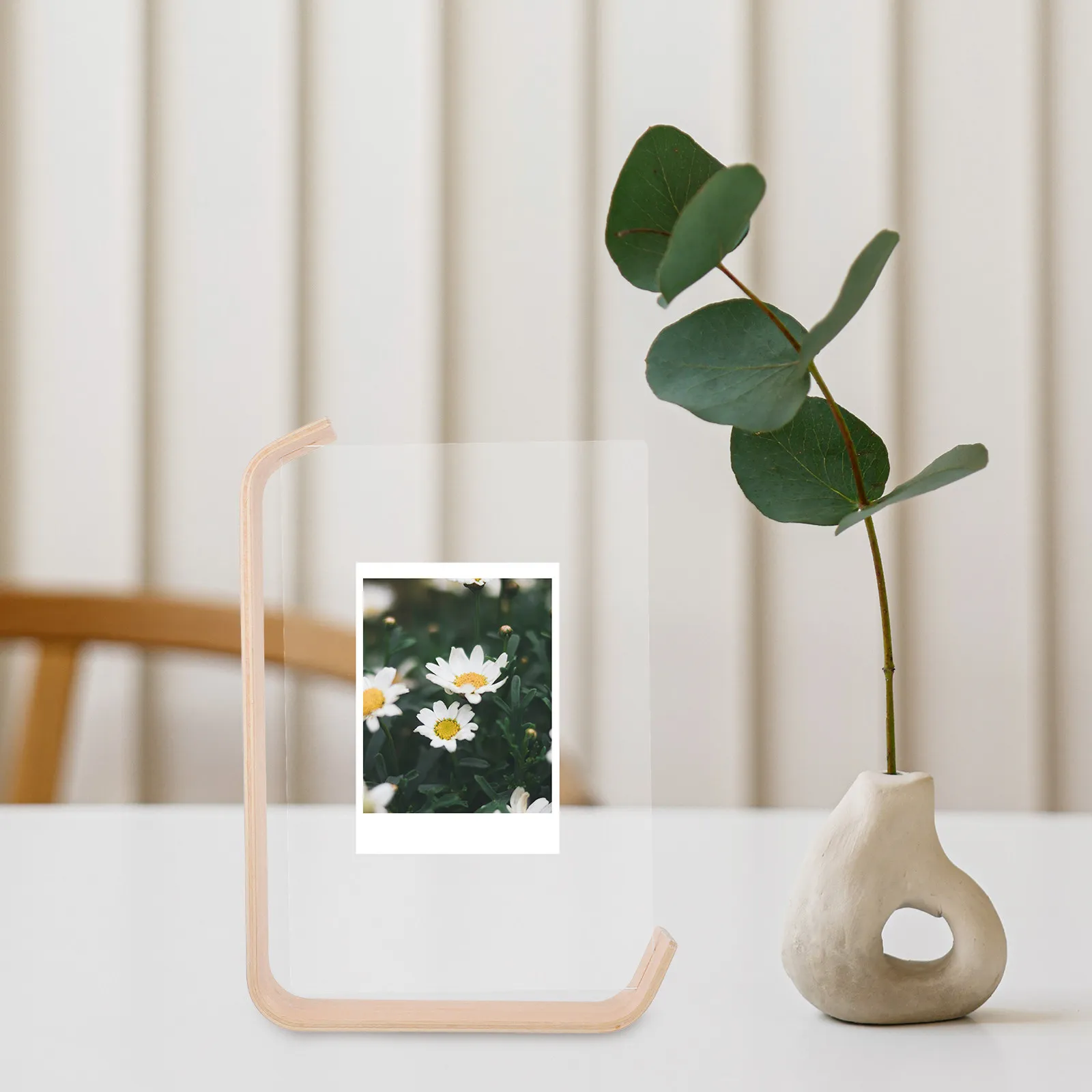 L-Shaped Double-Sided Acrylic Picture Frame Transparent Floating Desktop Display Stand with Wood Base for Home Decor Wedding