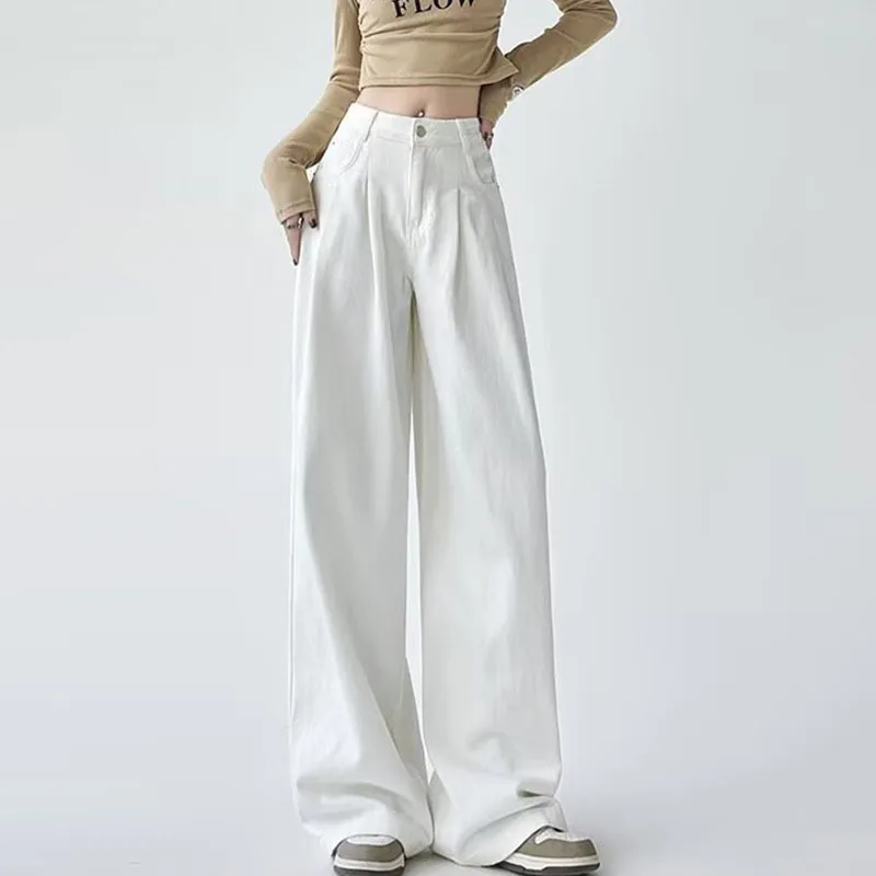 White Wide Leg Jeans For Women New Pleated Loose Slimming Hip Covering Draped Floor Length Straight Pants