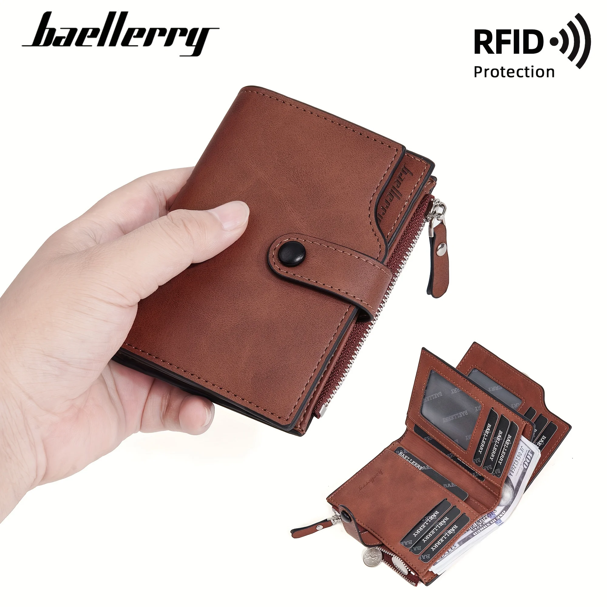 

Baellerry Men'S Mini Anti-Theft Wallet, Short Faux Leather Vintage Business Credit Card Holder with Snap And Zipper Card Case