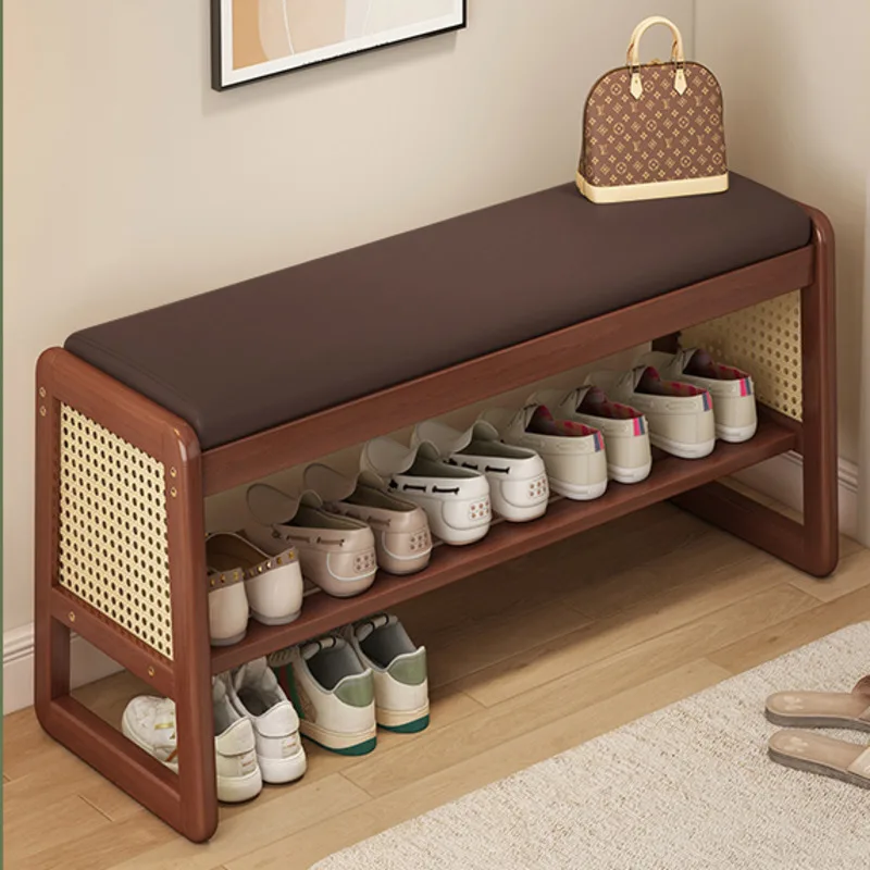 Nordic Shoe Cabinet 2 Layers Solid Wood Foot Stool Imitation Rattan Weaving Entrance Bench Comfort Seat Cushion Hallway Ottoman