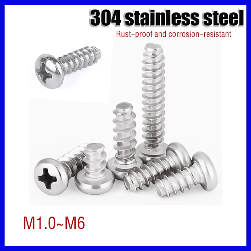 5-100pcs M1.0 M1.2 M1.4 M1.7 M2 M2.2~m6 304 Stainless Steel Cross-slotted Round-head Flat-tail Self-tapping Screws, Wood Screws