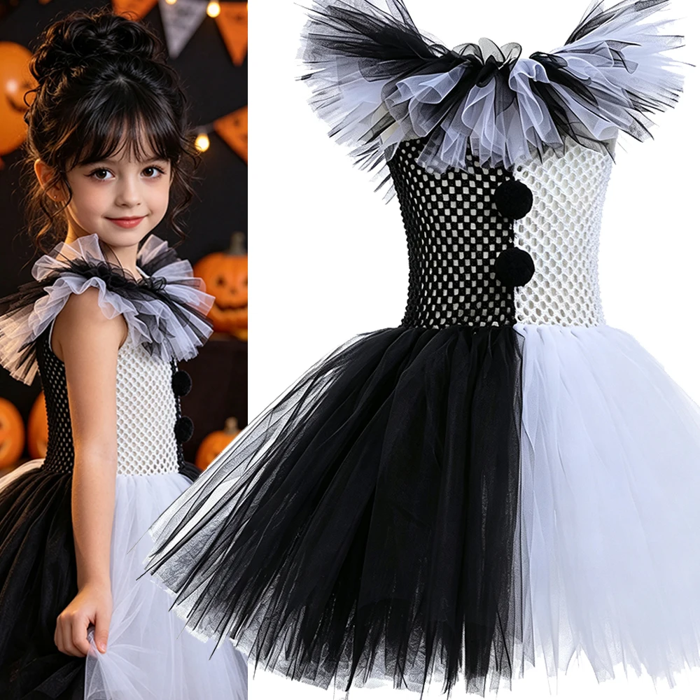 Girls Halloween Black White Scary Clown Dress Costume With Hat Socks Gloves Complete Set For Carnival Cosplay