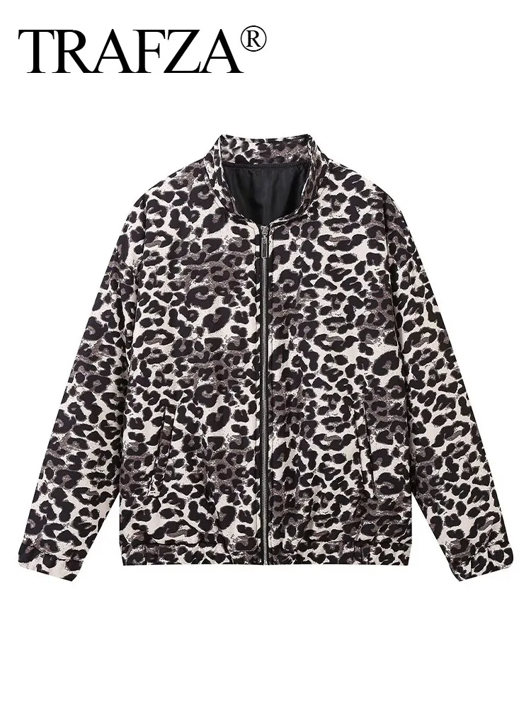 TRAFZA Woman Winter Coat Leopard Printed Long Sleeves Loose Zipper Cardigan Jacket Female Pockets Casual Streetwear Women's Top