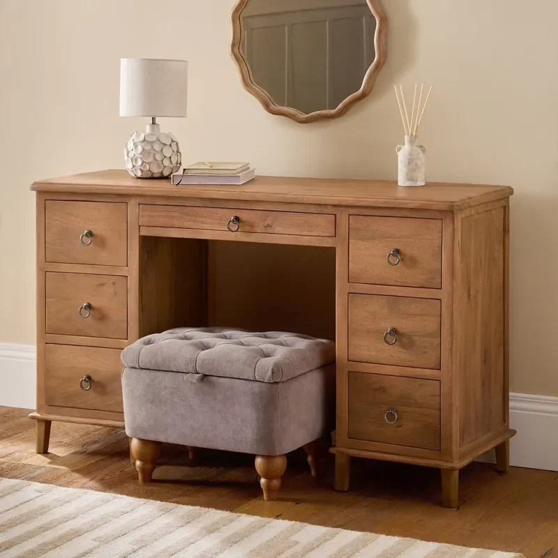 Custom Modern Style Dressing Table Light Natural Solid Wood Veneering Lacquered Effect 7 Drawers Wide Console Makeup Vanity