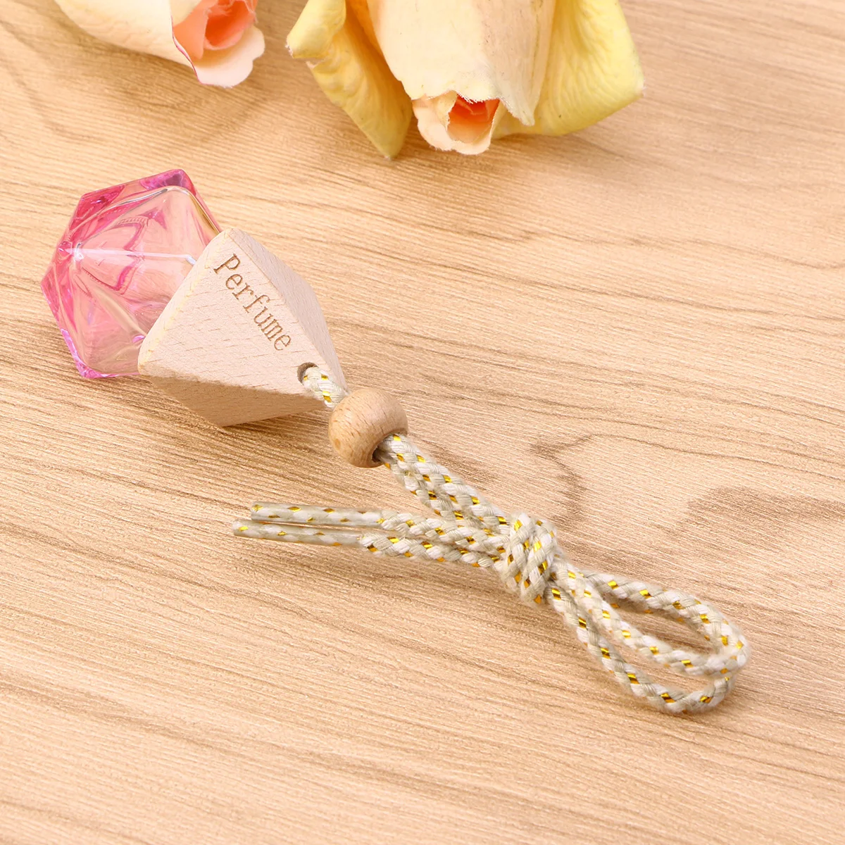 

Pink Glass Perfume Bottle Car Hanging Decoration Geometric Design Wooden Cap Sturdy Lanyard Aesthetic Accessory