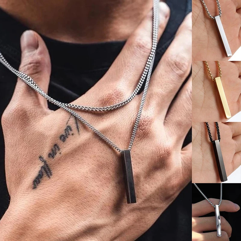 Pillar Necklace For Men Women Stainless Steel 3D Bar Pendant Minimalist Simple Unisex Neck Accessories Hip Hop Rock Jewelry Gift
