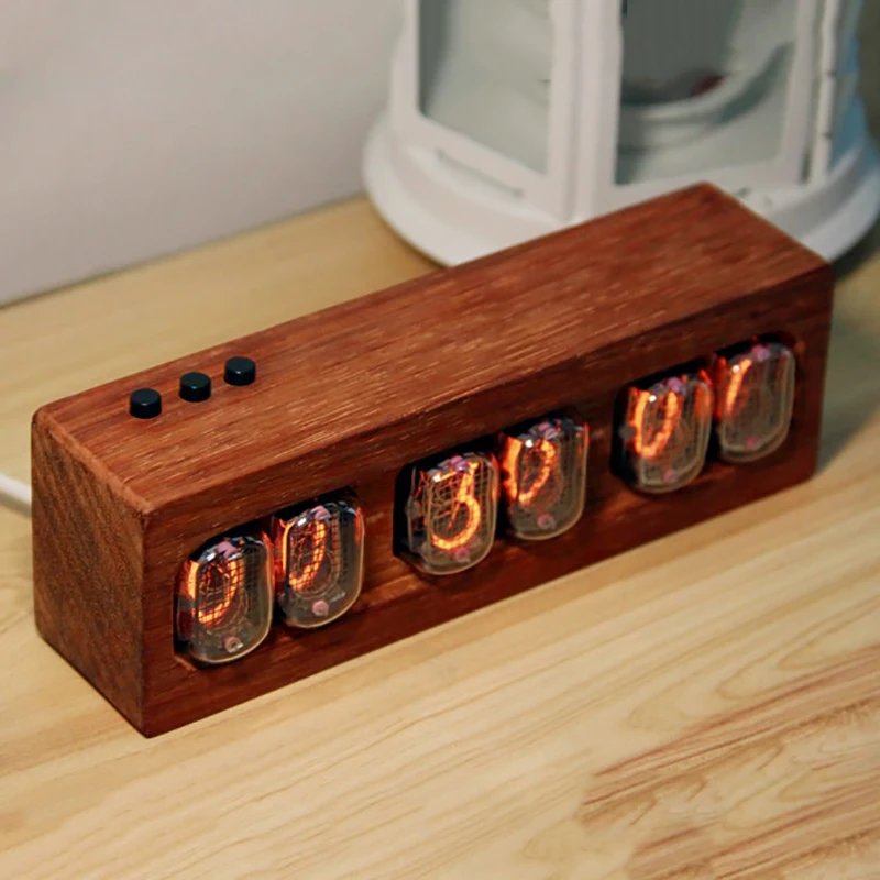 In12 Nixie Tube Clock Retro Zegar stołowy Drewno Czerwone palisander Elektroniczny pulpit Glow Tube Zegary Biurko Cyfrowy zegarek Pomysły na prezenty