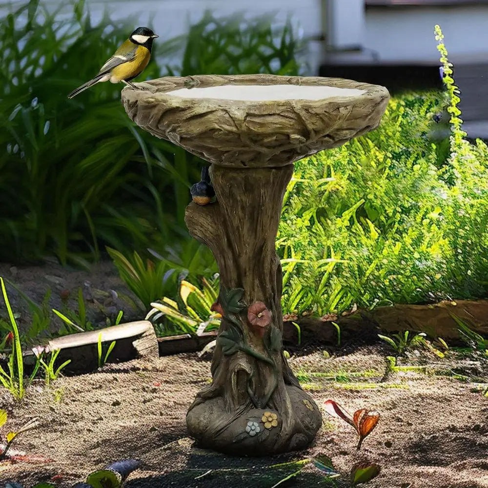 SunJet 25.5 Inch Heigh Wood-Concrete Bird Bath with Decorative aux Bird – birdbath Rustic & Long-Lasting Design, Enhances Garden