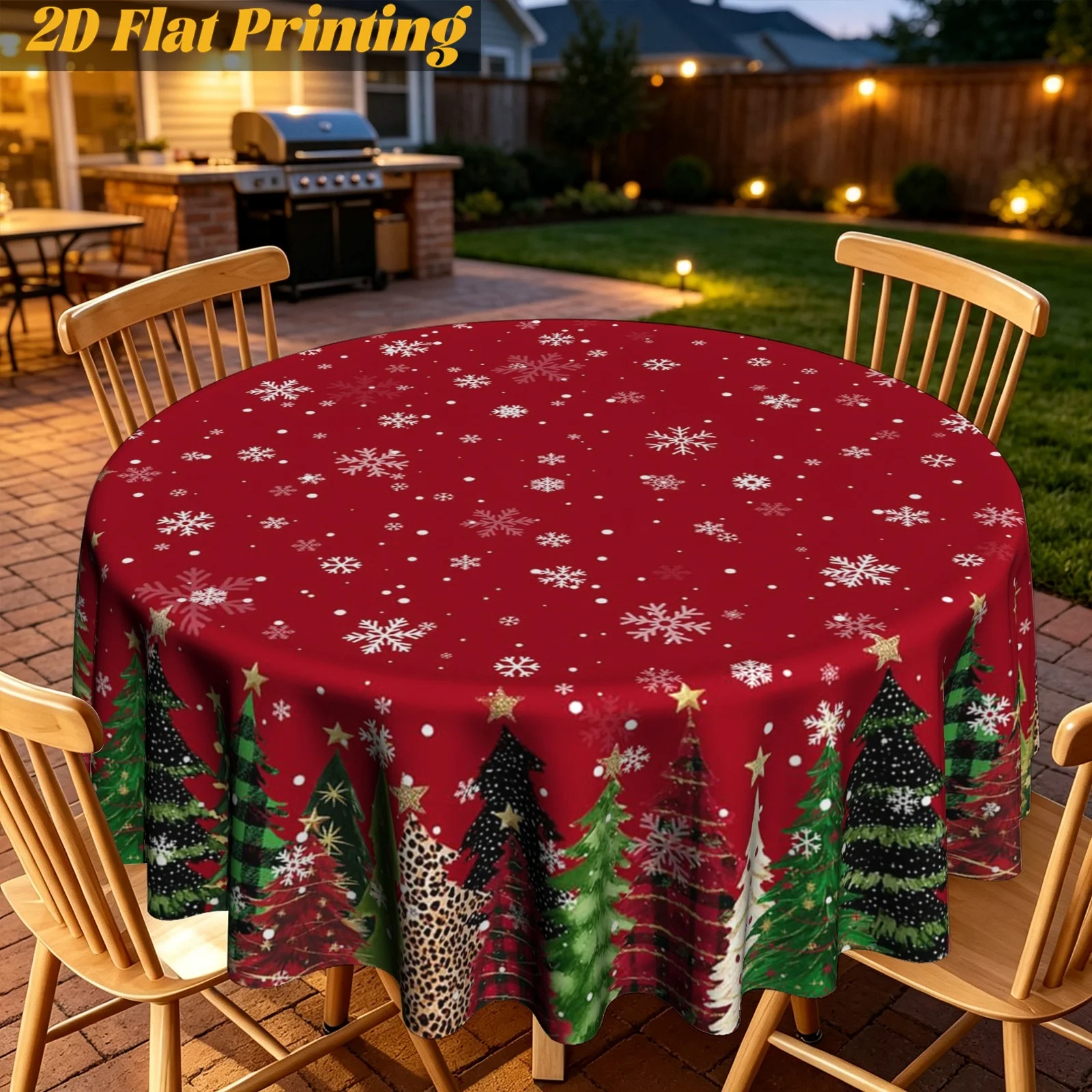 1 piece, bright red snowflake multi-shaped Christmas tree pattern round tablecloth