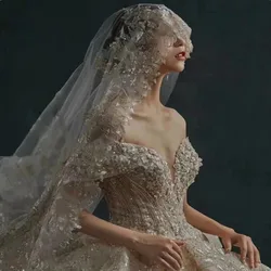 White Ivory Blusher Veil Bridal Veil Long Cathedral Wedding Veils Full Crystal Pearl Lace Veil Bride Velos De Novia Accessories