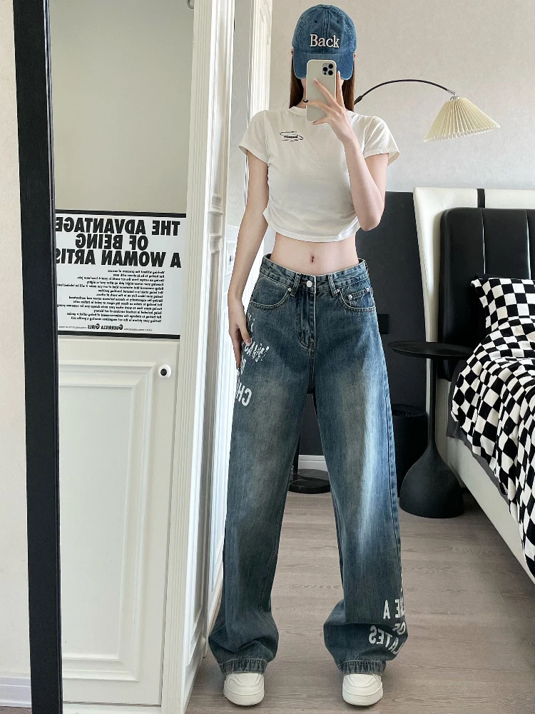 

Retro American High Street Blue Waed Vintage Jeans Men's Loose Wide Leg Long Pants Straight Cut Casual Wear All Seasons