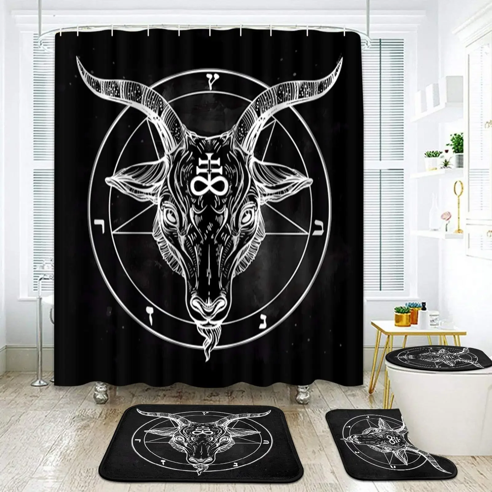 Shower Curtain Set Goth Skull Geometry Shapes Satan Skeleton Retro Non-Slip Rugs Toilet Lid Cover Bath Mat Bathroom Decor Sets