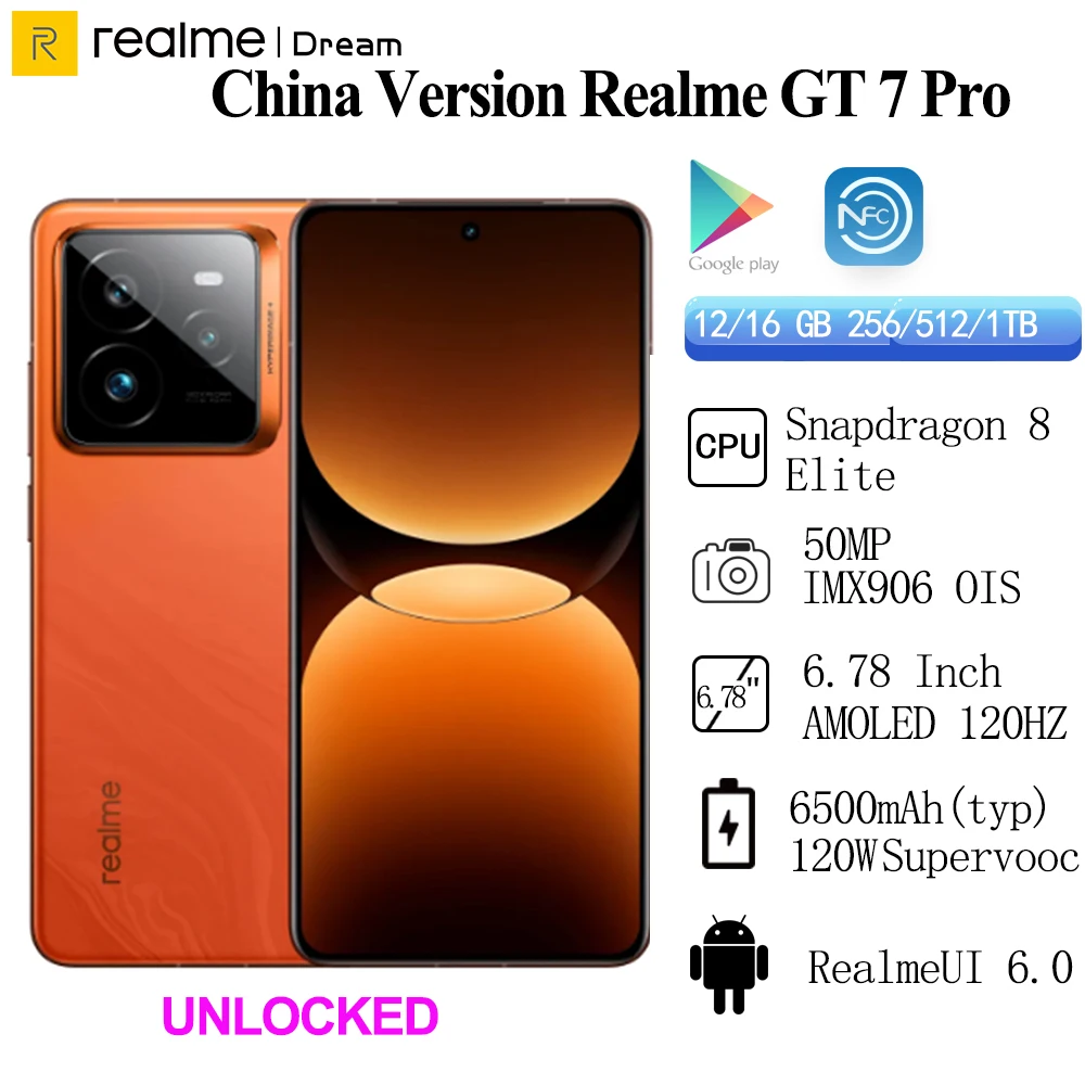 Original Realme GT 7 Pro 50MP Sony IMX906  OIS 6500mAh 120W Supervooc Snapdragon 8 Elite 6.78 Inch AMOLED 120Hz  IP68 69 NFC