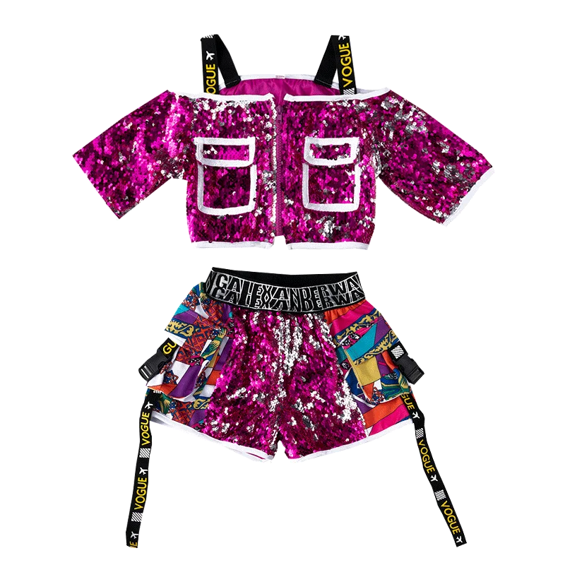 女の子ジャズダンス衣装子供ヒップホップストリートダンス棚ドラムパフォーマンス服ローズスパンコールトップスショートパンツセット