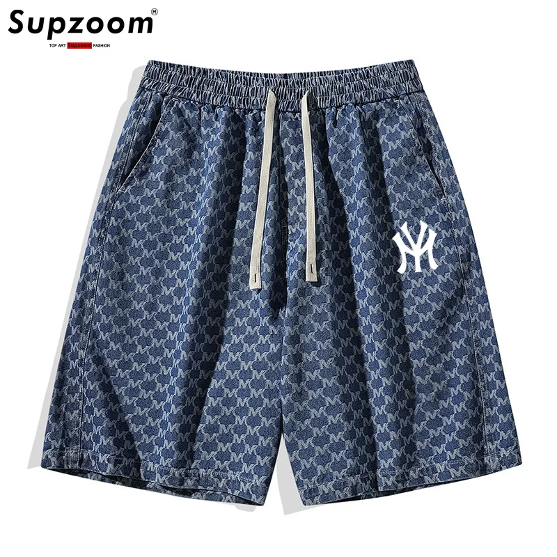 

Supzoom New Arrival Fashion Summer Elastic waist Fly Stonewashed Casual Letters Jacquard Cotton Denim Pockets Jeans Shorts Men