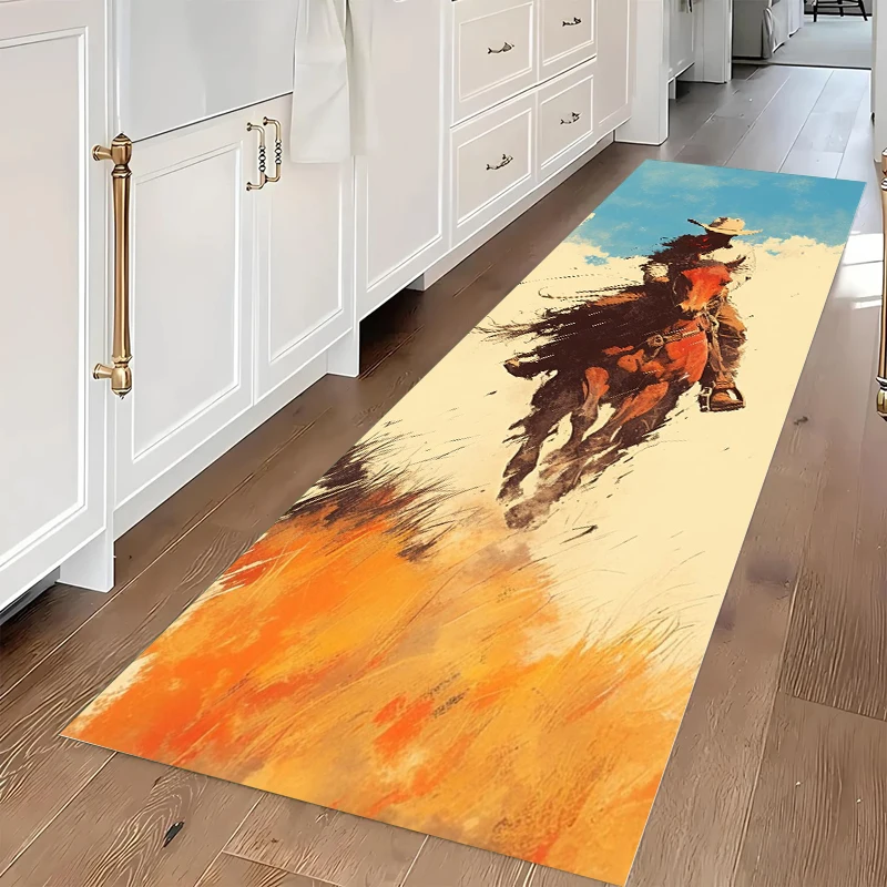 Retro Long Carpet Runner for Corridor Western Cowboy Horse Rug Home Decoration Long Strip Carpet Mat Rug Western Style Pattern