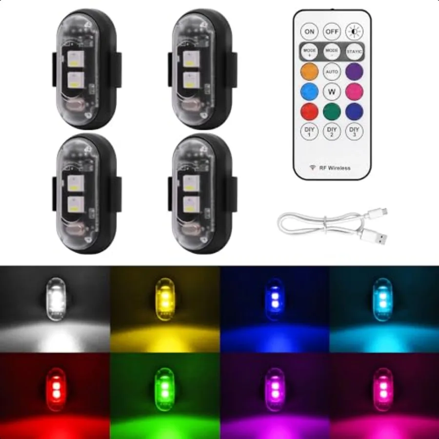 

4PCS Wirel LED Strobe Lights with Remote Control 8 Colors USB Charing Waterproof AntiCollision Led Emergency Warning Lights for