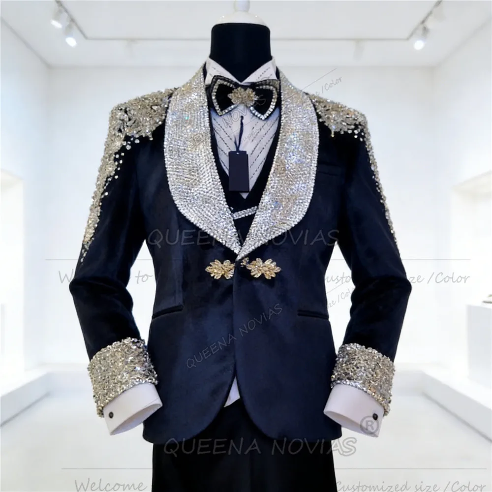 Jewelry Stones Ornament Suit Attire For Men Sparkly Sequins Label Prom Blazers Customized Man Banquet Tuxedos Groom Wedding 2026